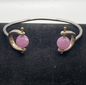 Sterling Silver Bangle with Pink Jade Beads