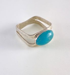 square shaped silver with turquoise stone ring view 2