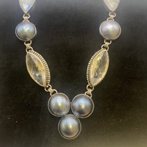 Peacock color Mabe pearl and druzy necklace