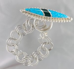 3-Link Sterling Silver Bracelet with Black Onyx and Kingman Turquoise