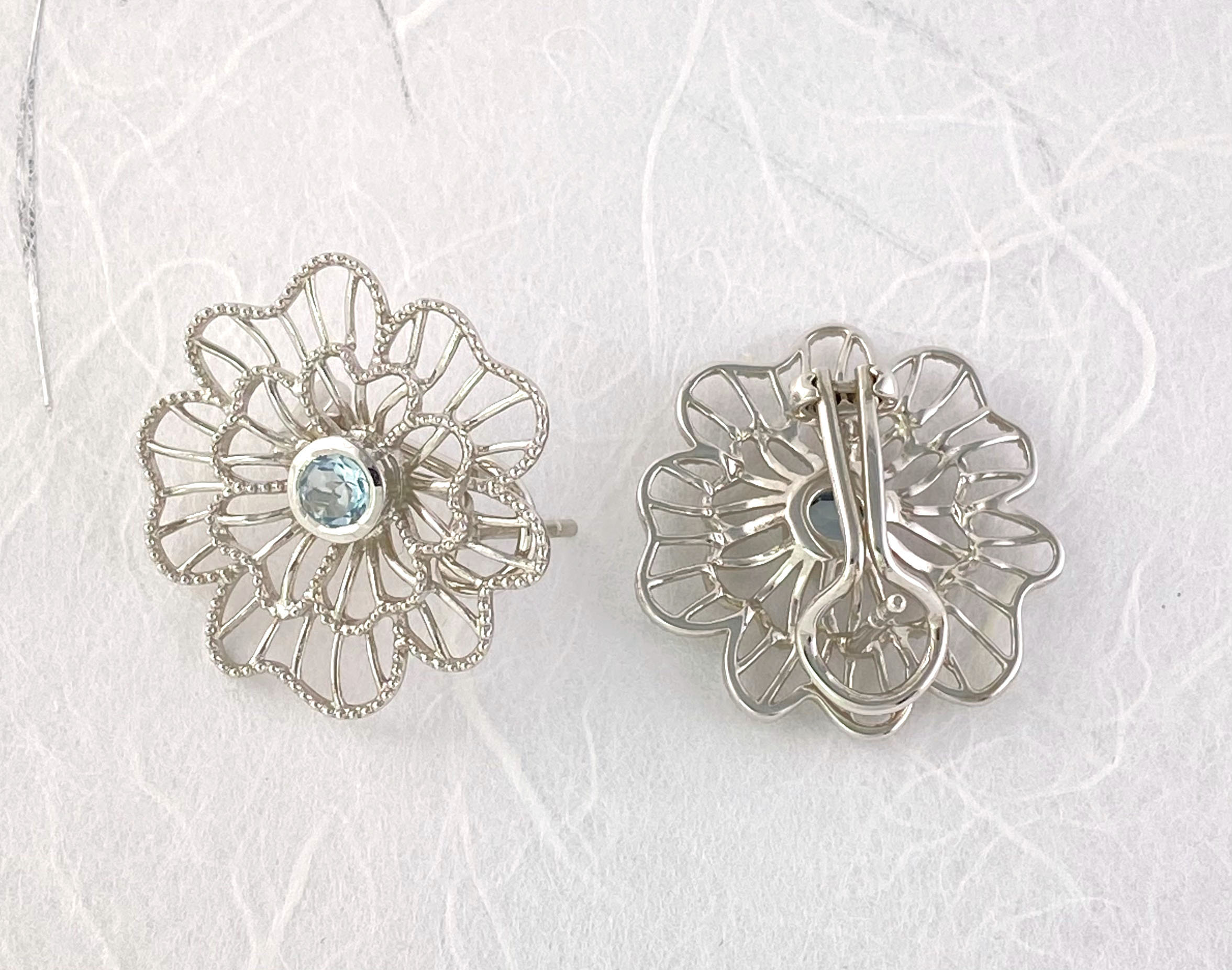Silver Blue topaz stud with a clip earrings view 2