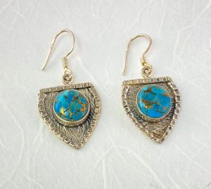 Turqoise stone and copper earrings view 1