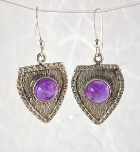 Silver crest and amethyst earrings view 2