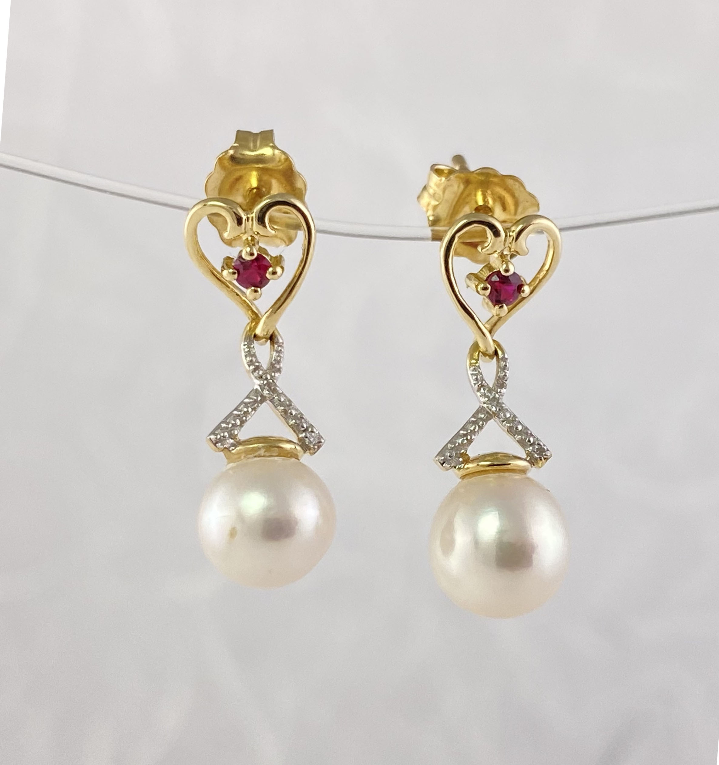 gold pearl earrings with ruby and diamonds view 3
