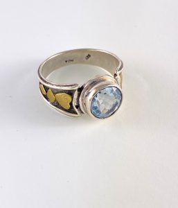 Blue topaz with brass heart ring view 3