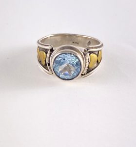 Blue topaz with brass heart ring view 2