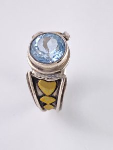 Blue topaz with brass heart ring view 1