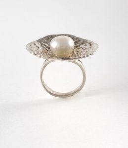 Mabe Pearl on concave sterling silver ring view 1
