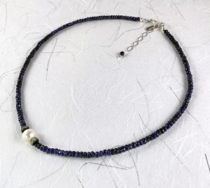 Blue sapphires with a freshwater pearl and crystal necklace view 2